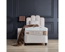 Beddenscout24 Boxspring bed met opbergruimte - 90x200 cm - Beige - Opbergbed Jazzlyn Inclusief 32 cm matras en topper HR- Koudschuim