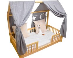 Beddoek Hut - Hemelbed Bedgordijn - Kinderkamer Decoratie - 100% Katoen Mousseline - 130 x 320 cm - Grijze Slinger