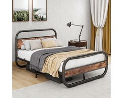Bedframe 120x200 cm Metaal en Hout – Ovaal Vintage Platformbed met Opbergruimte, Hoofdeinde & Lattenbodem – Stabiel Squeakbestendig Tweepersoonsbed
