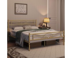 Bedframe 140 x 200 cm antiek goud van metaal met lattenbodem, voor slaapkamer en logeerkamer