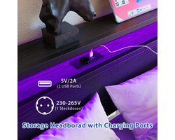 Bedframe 140x190 cm met LED & USB – Industrieel Tweepersoonsbed met Opbergruimte en Hoofdbord – Metalen Bed met Lattenbodem – Modern Opbergbed zonder Boxspring – Zwart – HomeByNicole