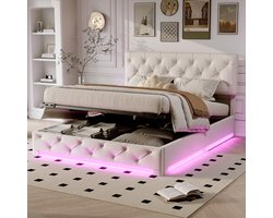 Bedframe 140x190 cm met opbergruimte, 3 ledlampen, gestoffeerd tweepersoonsbed met hoofdbord, bed van 140x190 cm, beddengoed, Beige
