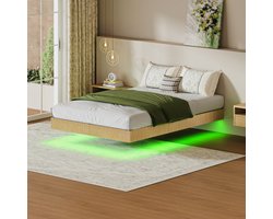 Bedframe 140x200 Met RGB LED - Zwevend Design Bed Met Versterkt Stalen Frame - Modern Houten Bed Licht Eiken
