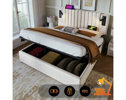 Bedframe 160x200 cm met leeslamp, bed met opbergruimte en USB-oplaadfunctie, katoen, beige(Matras niet inbegrepen)