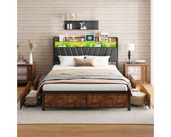 Bedframe 160x200 met Lades, LED & USB – Industrieel Bed met Metalen Frame en Opbergruimte