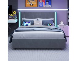 Bedframe 160x200 – Tweepersoonsbed – Boxspring – Bedombouw – Slaapkamermeubel – Fluweelstof Bekleding – Hydraulische Opbergruimte – USB Poorten – LED Sfeerverlichting