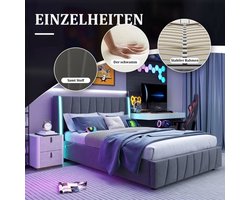 Bedframe 160x200 – Tweepersoonsbed – Boxspring – Bedombouw – Slaapkamermeubel – Fluweelstof Bekleding – Hydraulische Opbergruimte – USB Poorten – LED Sfeerverlichting
