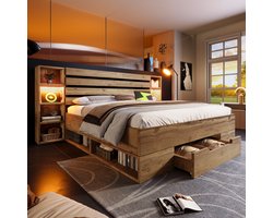 Bedframe 180x200 cm met opbergruimte, hoofdbord met USB-C aansluiting en lades, tweepersoonsbed met ledverlichting, massief hout, eiken(Matras niet inbegrepen)