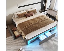 Bedframe 180X200 met lades - PU-leren bed zonder hoofdeinde Met LED-lichtstrip - Metalen lattenbodem voor moderne slaapkamers Grijs