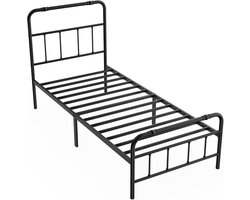 Bedframe 90 x 200 cm IJzeren Bedframe Hoogte 32 cm Tweepersoonsbed met Hoofdeinde, Lattenbodem en Opbergruimte Onder het Bed Metalen Bedframe Draagvermogen tot 136 kg Metalen Bed voor Slaapkamer of Logeerkamer NAIZY