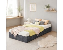 Bedframe 90x200 Cm - Bed Met Gaslift En Opbergruimte - Lattenbodem Voor Slaapkamer - Fluwelen Bekleding - Grijs - Zonder Matras