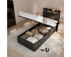 Bedframe 90x200 cm met Opbergruimte en LED - Eenpersoonsbed - PU Leer - Zwart - met USB-C Oplaadpunt en Hoofdbord