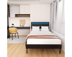 Bedframe Bed Tweepersoonsbed 120x200 cm Met Hoofdbord Massief Houten Lattenbodem Draagvermogen 350 kg - zwart with led