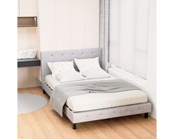 Bedframe Bed Tweepersoonsbed 140x200 cm Met Hoofdbord Massief Houten Lattenbodem Draagvermogen 350 kg - Grijs