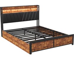 Bedframe – Bedbodem – Bedframe Met Laden – Bedombouw – Bed Met Opbergruimte – 180x200 cm – LED Verlichting Met USB Opladen – Zwart Met 4 Laden