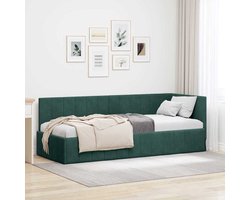 Bedframe – Bedbodem – Ledikant – Slaapbank – Kinderbed – Gefineerd Hout – Fluwelen Hoofdbord – 80x200 cm – Donkergroen