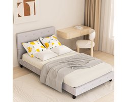 Bedframe – Bedombouw – Boxspring – Ledikant – Slaapbank – 140 x 200 cm – Stoffen Hoofdbord – Stevige Houten Lattenbodem – Lichtgrijs