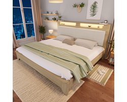 Bedframe - Houten Tweepersoonsbed Met LED En Opbergruimte - 180x200 cm Bedframe Licht Eiken - Met Corduroy Hoofdbord Modern Design