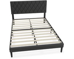 Bedframe – Logeerbed – Metalen Bed – Gestoffeerd Bed – Bedombouw – Faux Leder Hoofdbord – 12 Latten – Maximale Draagkracht 300 kg