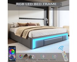 Bedframe met opbergruimte, 160x200 cm, 3 lades en ledverlichting, platformbed met metalen lattenbodem, PU-leer, grijs(Matras niet inbegrepen)