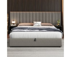 Bedframe met opbergruimte 180 x 200 cm met brede vleugels en 2 nachtkastjes, hydraulisch bed Tweepersoonsbed met lattenbodem, geschikt voor volwassenen en tieners, in linnen, grijs + zwart(Matras niet inbegrepen)
