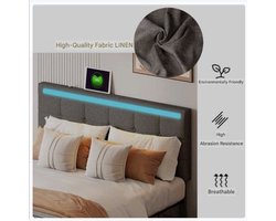 Bedframe – Modern Bed – Opbergbed – Gestoffeerd Bed – LED-Verlichting – USB-Poorten – Houten Lattenbodem