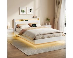 Bedframe - Tweepersoons Bed - Zwevend - Frame - Met LED Verlichting - USB en USB C Ingang - Wit - 140x200 cm