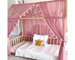 Bedhemel voor huisbed meisjeskamer - oudroze tule met pomponslinger, 2 stuks 360 cm