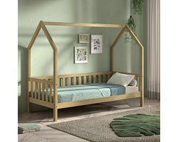 Bedhuisje Home - 90x200 cm - met hekje - massief eikenhout - Vipack - Huisbed - Bruin - Hout Eenpersoons Normaal bed