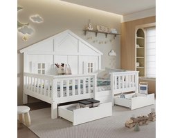 Bedhuisje met Laden - Houten Kinderbed - Slaapkamer Organiseren - Geïntegreerde Opbergruimte - 90x200 cm - Wit
