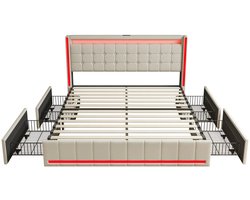 Bedkast – Bed Met Opbergruimte – Bed Met Lade – Bed Met USB – Bed Met Stopcontact – Led-Verlichting – Robuuste Houten Constructie - 140 x 200 cm - Beige