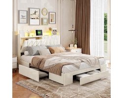 Bedkasten – Nachtkastje – Bijzettafel – Ladekast – Opbergkast – Gestoffeerd Bed 140x200 cm – USB Oplaadpoort & LED Hoofdbord – 3 Ruime Lades