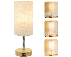 Bedlamp - Dimbaar Via Touchbediening - USB A+C-Oplaadpoorten - Linnen Kap - Houten Voet - Kleine Tafellamp voor Slaapkamer Of Woonkamer - Inclusief Ledlamp