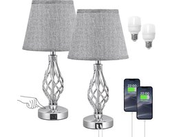Bedlampje met touchscreen, 2 stuks met oplaadpoorten, type C + USB-A, 3-weg variabel, 2 lampen inbegrepen, grijze linnen lampenkap, metalen basis, moderne bureaulamp voor slaapkamer, woonkamer, hotel