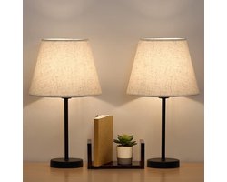 Bedlampjes Set van 2 – E27 – Led Tafellampen met Metalen Basis & Linnen Kap – Knopschakelaar – Voor Slaapkamer/Woonkamer/Kantoor – Beige/Zwart