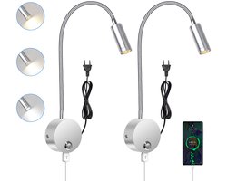 Bedleeslamp Set - 2 Stuks - Wandleeslamp met Touchbediening - Dimbaar - 3 Lichtkleuren - 360° Flexibele Zwanenhals - Met USB en Stekker - Zilver - Voor Slaapkamer en Leeshoek