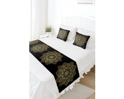 Bedloper & Kussenhoes Set - Bedsprei - Bedrukt Velvet textiel - Gold mandala op zwart
