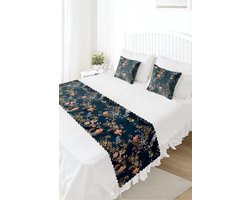 Bedloper & Kussenhoes Set - Bedsprei - Bloemen op donkerblauw - Slaapkamerdecoratie