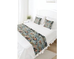 Bedloper & Kussenhoes Set - Bedsprei - Bloemen op lichtblauw- Bedrukt Velvet textiel - Slaapkamerdecoratie