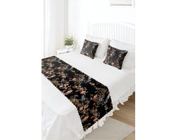 Bedloper & Kussenhoes Set - Bedsprei - Bloemen op zwart - Bedrukt Velvet textiel - Slaapkamerdecoratie