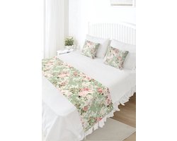 Bedloper & Kussenhoes Set - Bedsprei - Pastel roze bloemen - Bedrukt Velvet textiel - Slaapkamerdecoratie