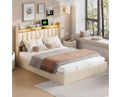 Bedombouw – Bedframe – Ledikant – Gestoffeerd Bed – Opbergbed – Tweepersoonsbed – Velvet Beige – 140x200 cm – Met USB Oplaadpoort en LED Verlichting