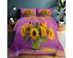 Bedrukt dekbed, 200 x 200 cm, dekbed zonder overtrek, 4 seizoenen, 2 personen, zonnebloem, print, vintage, licht en warm, paars, omkeerbaar dekbed voor volwassenen, decoratie slaapkamer