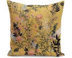 Bedrukt Kussenhoesje Bloemen - Kussenhoes - 50x50 - Bloemen op geel - Velvet Kussensloop - Aan beide zijdig bedrukt