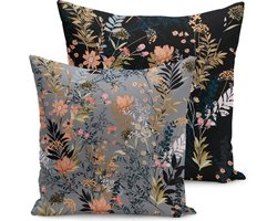 Bedrukt Kussenhoesje Flora -Velvet kussenhoes set van 2 - 45x45 cm - Bloemen op zwart/grijs - Aan beide zijdig bedrukt