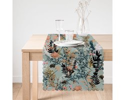 Bedrukt - Runner - Tafellaken - Tafelkleed - Kleed - Velvet textiel Tafelloper 45x135 cm - Bloemen op licht blauw - Fluweel