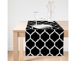 Bedrukt Velvet textiel Tafelloper 45x135cm - Wit&Zwart ogea patroon - Fluweel - Runner - Tafel decoratie woonkamer