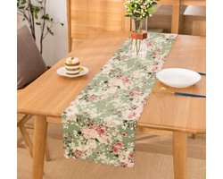 Bedrukt Velvet textiel Tafelloper 45x220 - Pastel roze bloemen - Runner - De Groen Home