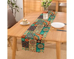 Bedrukt Velvet Textiel Tafelloper 45x260 cm- Blauwe&Oranje Mandala - De Groen Home