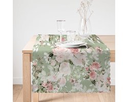 Bedrukt Velvet textiel Tafelloper 65x240 cm - Pastel roze bloemen - Fluweel - Runner